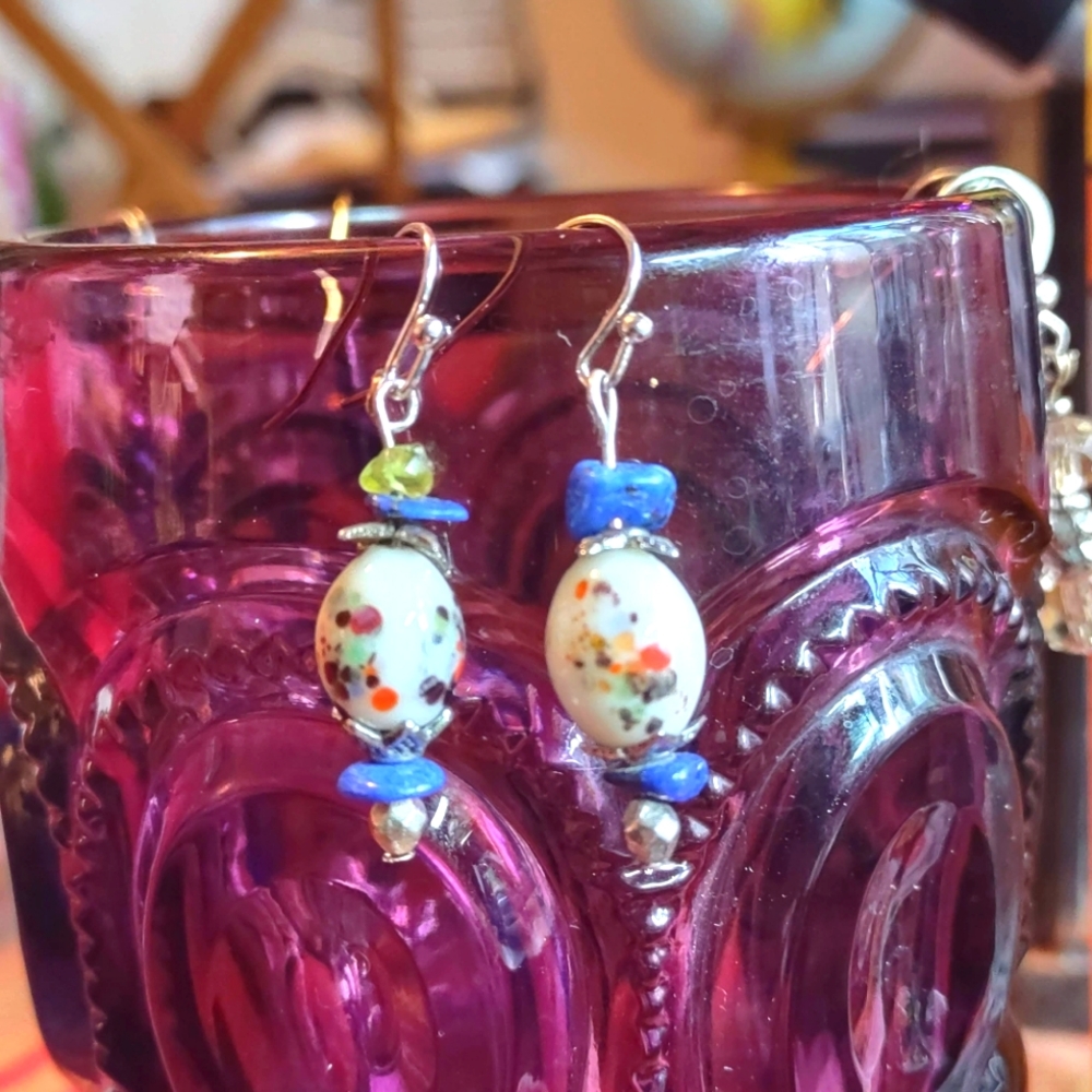 Hand Painted blow Glass and Lapis Earrings